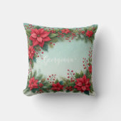 名前をカスタムするクリスマスフローラ水彩ポインセチア クッション (正面)