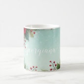 名前をカスタムするクリスマスフローラ水彩ポインセチア コーヒーマグカップ (中央)