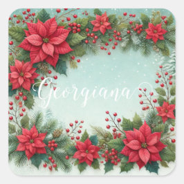 名前をカスタムするクリスマスフローラ水彩ポインセチア スクエアシール