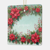 名前をカスタムするクリスマスフローラ水彩ポインセチア セラミックオーナメント (左)