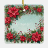名前をカスタムするクリスマスフローラ水彩ポインセチア セラミックオーナメント (正面)