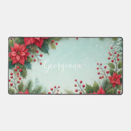 名前をカスタムするクリスマスフローラ水彩ポインセチア デスクマット