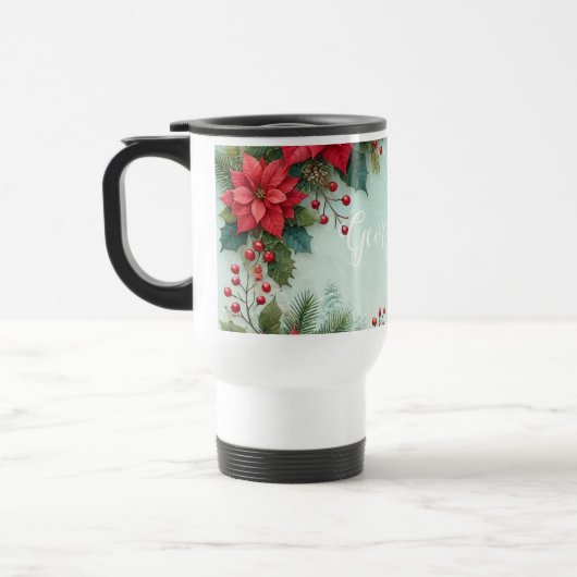 名前をカスタムするクリスマスフローラ水彩ポインセチア トラベルマグ (左)