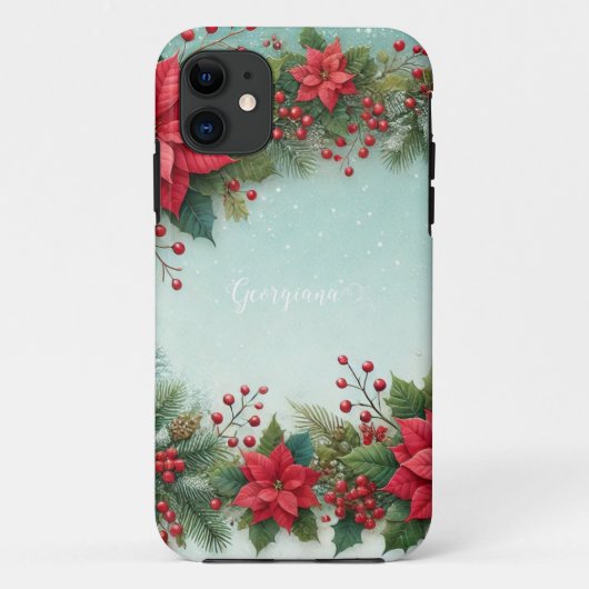 名前をカスタムするクリスマスフローラ水彩ポインセチア Case-Mate iPhoneケース (裏面)