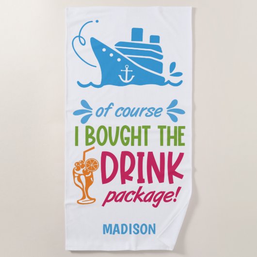 名前をカスタムするクルーズドリンク ビーチタオル (正面)
