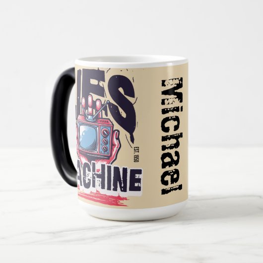 名前をカスタムするクールレトロなアートワークのグラフィックテレビ モーフィングマグカップ (正面左)