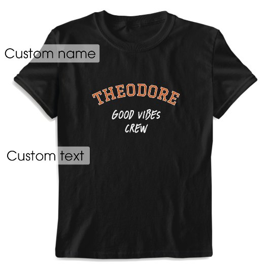 名前をカスタムするグッドバイブクルーオレンジ色ブラックグラフィック Tシャツ