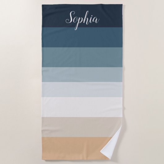 名前をカスタムするグラデーションビーチタオル – ネイビーから金ゴールド ビーチタオル (正面)