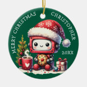 名前をカスタムするグリーンメリークリスマスかわいいロボット セラミックオーナメント (正面)