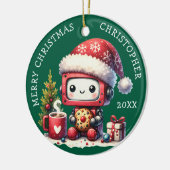 名前をカスタムするグリーンメリークリスマスかわいいロボット セラミックオーナメント (左)
