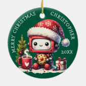 名前をカスタムするグリーンメリークリスマスかわいいロボット セラミックオーナメント (裏面)