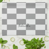 名前をカスタムするグレーのチェックブロックパターン キッチンタオル (折り畳み)