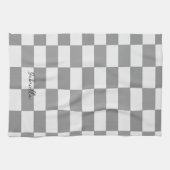 名前をカスタムするグレーのチェックブロックパターン キッチンタオル (横)