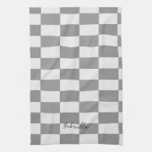 名前をカスタムするグレーのチェックブロックパターン キッチンタオル (縦)