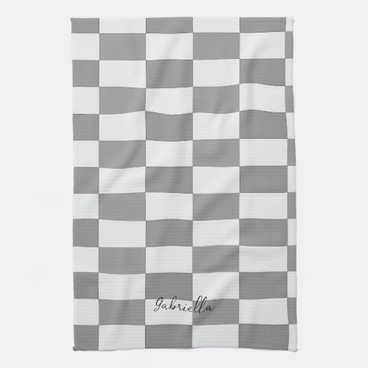 名前をカスタムするグレーのチェックブロックパターン キッチンタオル (縦)