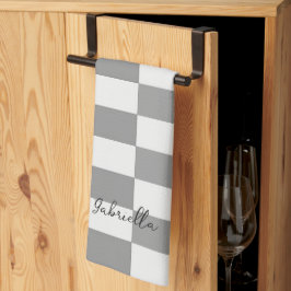 名前をカスタムするグレーのチェックブロックパターン キッチンタオル