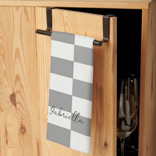 名前をカスタムするグレーのチェックブロックパターン キッチンタオル (三つ折り)