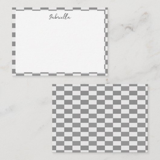 名前をカスタムするグレーのチェックブロックパターン ノートカード (正面/裏面)