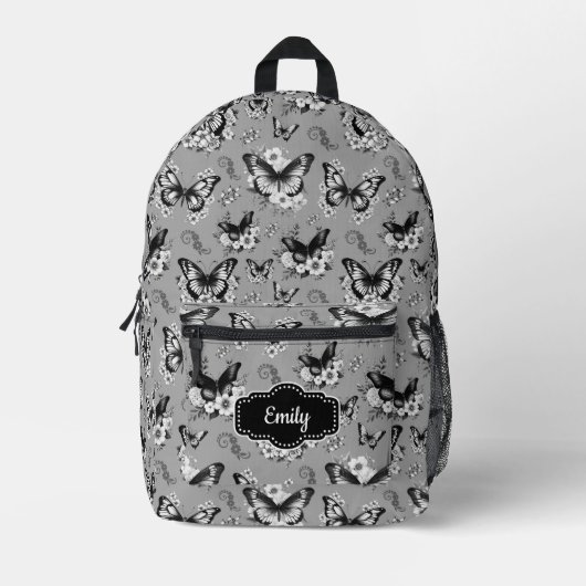 名前をカスタムするグレーバタフライバックパック プリントバックパック (正面)