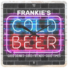 名前をカスタムするコールドビールバーフェイクネオンマンケーブ スクエア壁時計