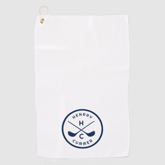 名前をカスタムするゴルフクラブ、白と青 ゴルフタオル (正面)