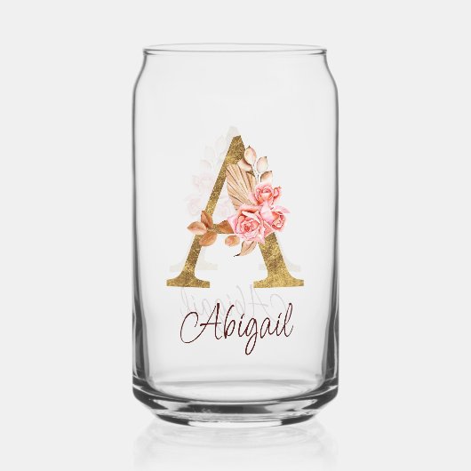 名前をカスタムするゴールドフォイル赤面ピンクローズレターA ガラス缶 (正面)