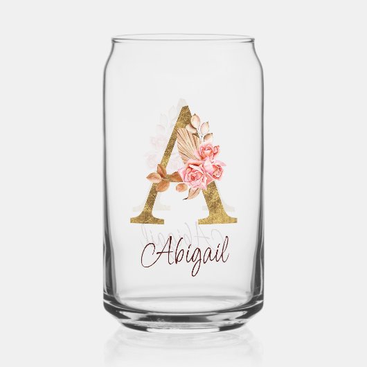 名前をカスタムするゴールドフォイル赤面ピンクローズレターA ガラス缶 (裏面)