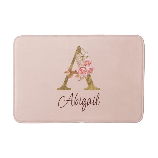 名前をカスタムするゴールドフォイル赤面ピンクローズレターA バスマット (正面)