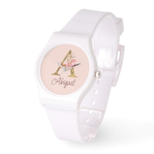 名前をカスタムするゴールドフォイル赤面ピンクローズレターA 腕時計 (傾斜)