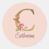 名前をカスタムするゴールドフォイル赤面ピンクローズレターC ラウンドシール (正面)