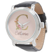 名前をカスタムするゴールドフォイル赤面ピンクローズレターC 腕時計 (アングル)