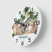 名前をカスタムするサファリアニマルズパームツリーズ子供部屋 ラウンド壁時計 (傾斜)