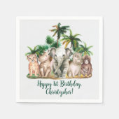 名前をカスタムするサファリアニマルズパームツリーズ誕生日 スタンダードカクテルナプキン (正面)