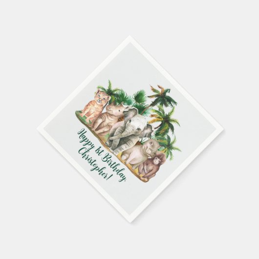 名前をカスタムするサファリアニマルズパームツリーズ誕生日 スタンダードカクテルナプキン (角)
