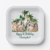 名前をカスタムするサファリアニマルズパームツリーズ誕生日 ペーパープレート (正面)