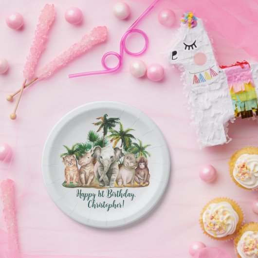 名前をカスタムするサファリアニマルズパームツリーズ誕生日 ペーパープレート (パーティー)