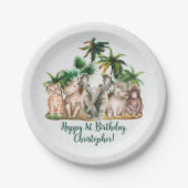 名前をカスタムするサファリアニマルズパームツリーズ誕生日 ペーパープレート (正面)
