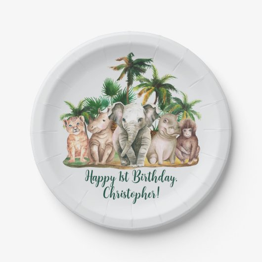名前をカスタムするサファリアニマルズパームツリーズ誕生日 ペーパープレート (正面)