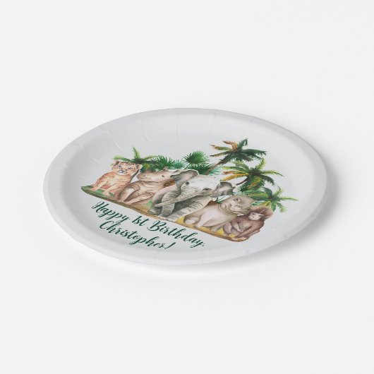 名前をカスタムするサファリアニマルズパームツリーズ誕生日 ペーパープレート (アングル)
