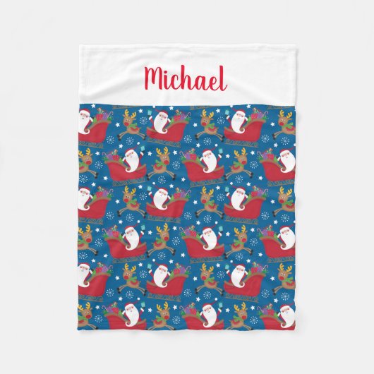 名前をカスタムするサンタトナカイのパーソナライズされたクリスマス フリースブランケット (正面)