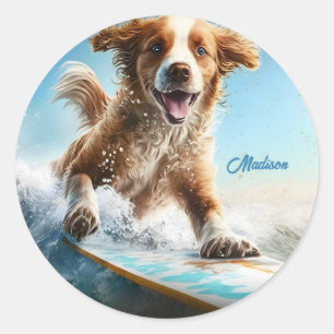 名前をカスタムするサーフィン犬 ラウンドシール