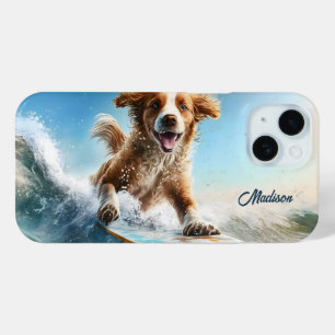 名前をカスタムするサーフィン犬 iPhone 15ケース