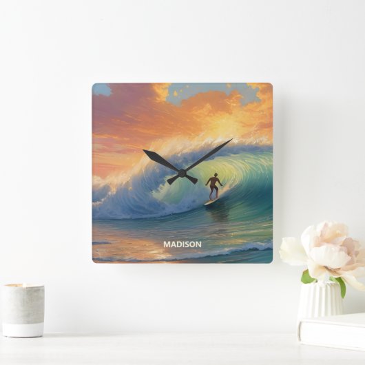名前をカスタムするサーフィン スクエア壁時計 (ホーム)