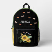 名前をカスタムするシックなヒマワリと蝶 プリントバックパック (正面)