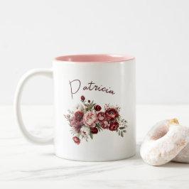 名前をカスタムするシックなブルゴーニュの花 ツートーンマグカップ