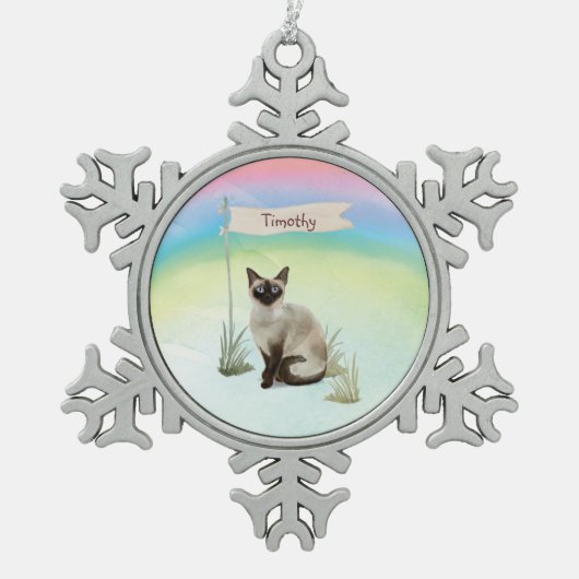 名前をカスタムするシャメッセンキャットペット スノーフレークピューターオーナメント (正面)