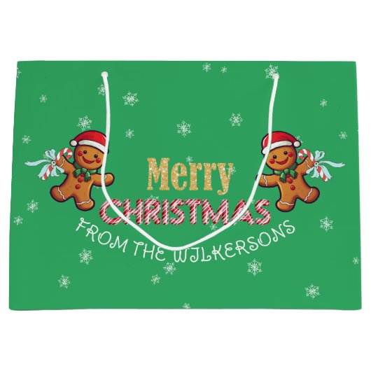 名前をカスタムするジンジャーブレッドマンメリークリスマス ラージペーパーバッグ (正面)