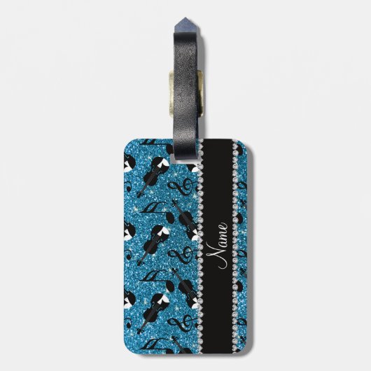 名前をカスタムするスカイブルーグリッターバイオリン音符 ラゲッジタグ (裏面縦)