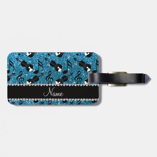 名前をカスタムするスカイブルーグリッターバイオリン音符 ラゲッジタグ (裏面横)