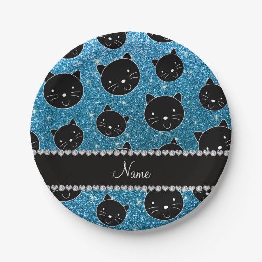 名前をカスタムするスカイブルーグリッターブラックキャット顔 ペーパープレート (正面)